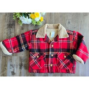 Vintage 90s Red Plaid Sherpa Lined Corduroy Collar Jacket Baby 3-6m